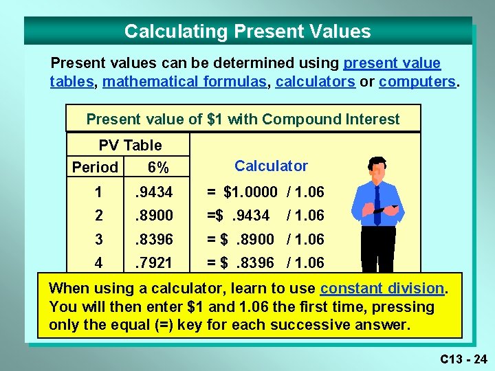 Calculating Present Values Present values can be determined using present value tables, mathematical formulas,