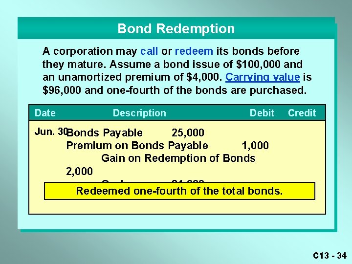 Bond Redemption A corporation may call or redeem its bonds before they mature. Assume