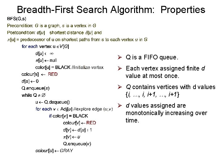 Breadth-First Search Algorithm: Properties Ø Q is a FIFO queue. Ø Each vertex assigned