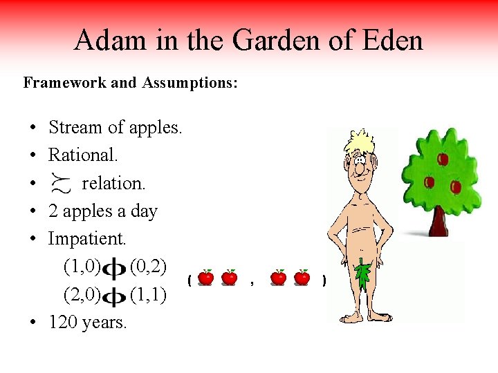 Adam in the Garden of Eden Framework and Assumptions: • Stream of apples. •