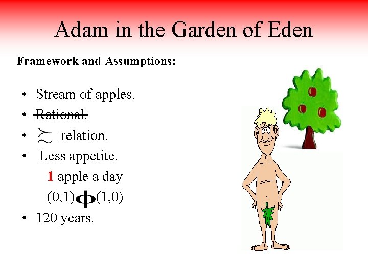 Adam in the Garden of Eden Framework and Assumptions: • • Stream of apples.