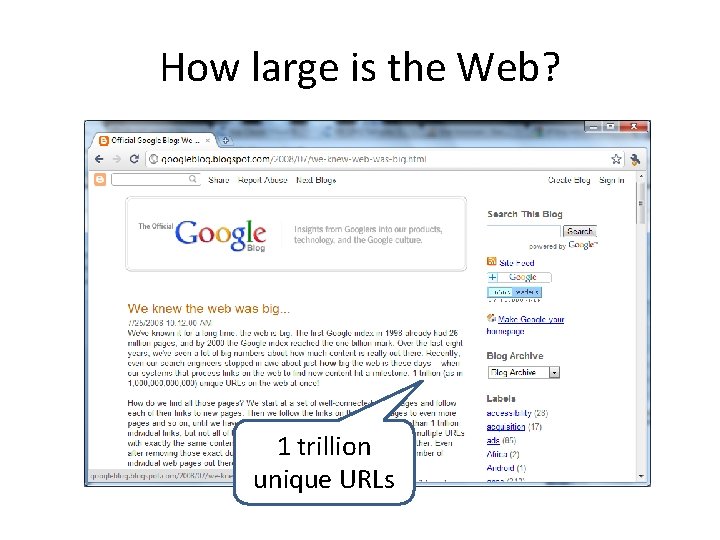 How large is the Web? 1 trillion unique URLs 