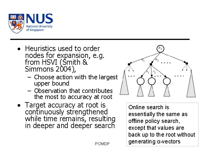  • Heuristics used to order nodes for expansion, e. g. from HSVI (Smith