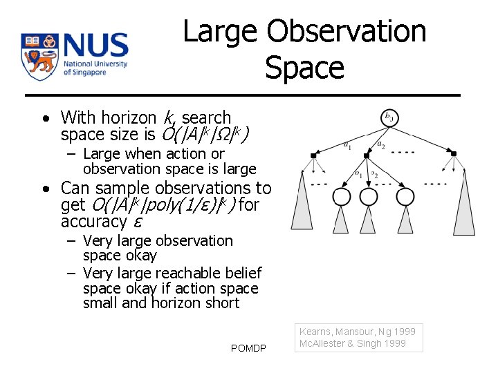 Large Observation Space • With horizon k, search space size is O(|A|k|Ω|k) – Large