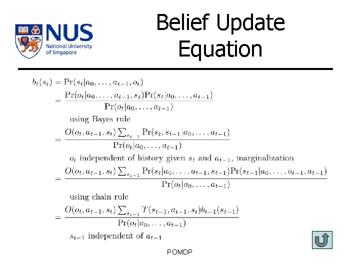 Belief Update Equation POMDP 