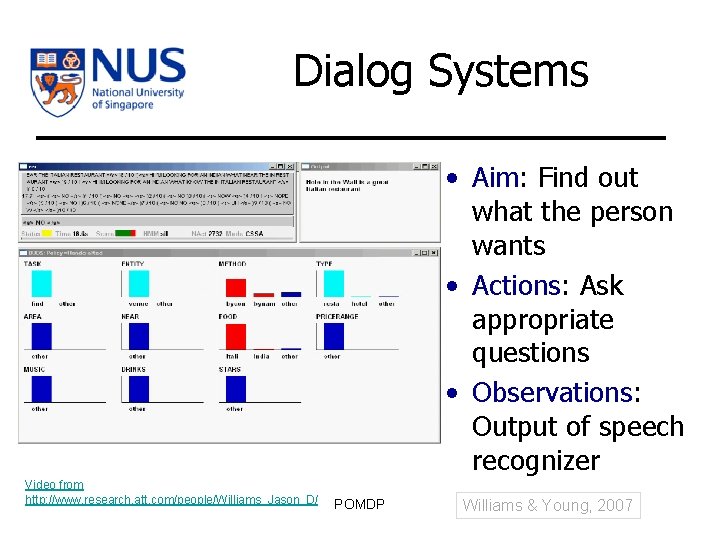 Dialog Systems • Aim: Find out what the person wants • Actions: Ask appropriate