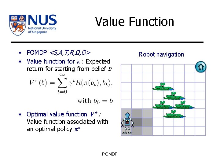 Value Function • POMDP <S, A, T, R, Ω, O> • Value function for