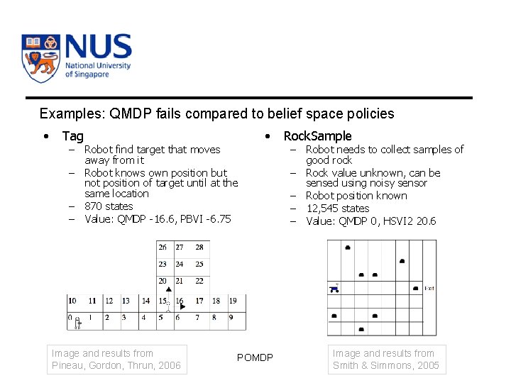 Examples: QMDP fails compared to belief space policies • Tag – Robot find target