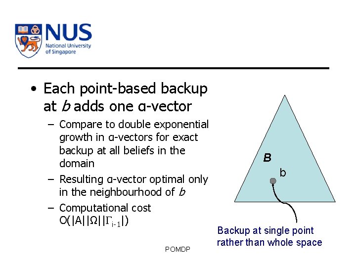  • Each point-based backup at b adds one α-vector – Compare to double