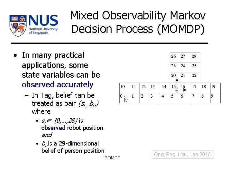 Mixed Observability Markov Decision Process (MOMDP) • In many practical applications, some state variables