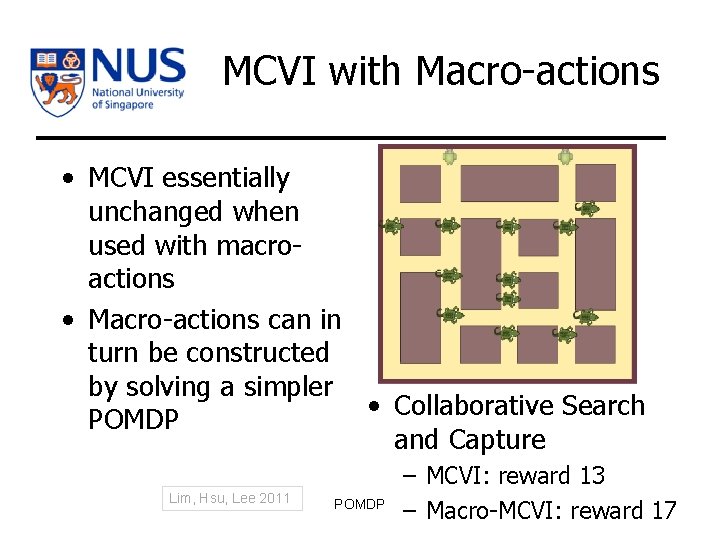 MCVI with Macro-actions • MCVI essentially unchanged when used with macroactions • Macro-actions can