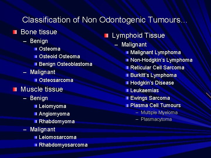 Classification of Non Odontogenic Tumours… Bone tissue – Benign Osteoma Osteoid Osteoma Benign Osteoblastoma