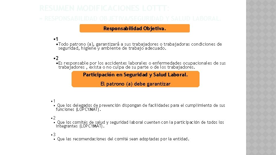 RESUMEN MODIFICACIONES LOTTT: - RESPONSABILIDAD OBJETIVA/SEGURIDAD Y SALUD LABORAL. Responsabilidad Objetiva. • 1 •