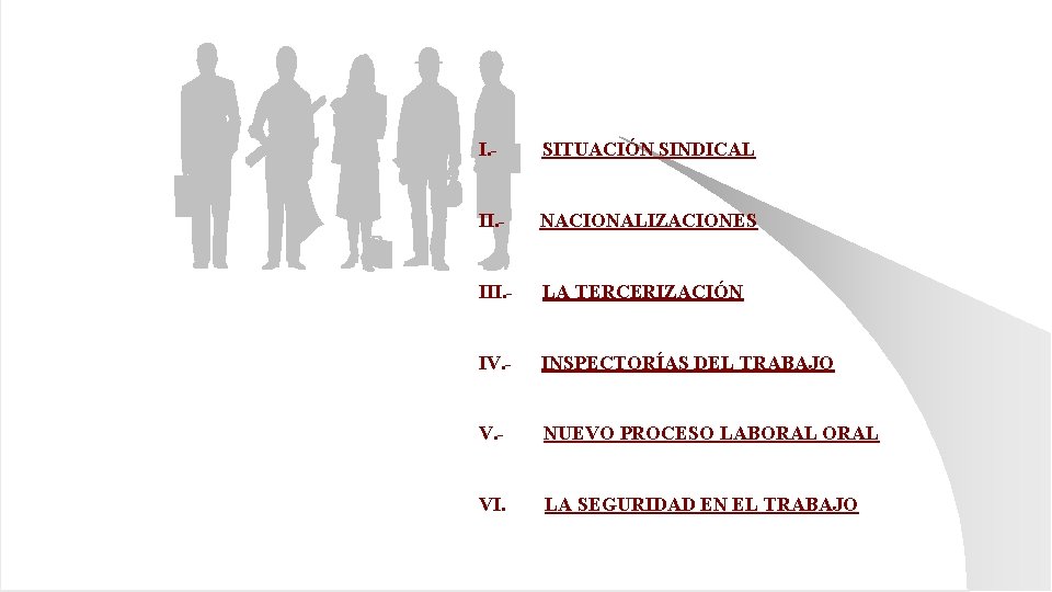 I. - SITUACIÓN SINDICAL II. - NACIONALIZACIONES III. - LA TERCERIZACIÓN IV. - INSPECTORÍAS