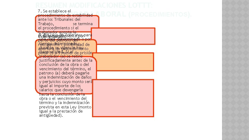 RESUMEN MODIFICACIONES LOTTT: 7. Se establece el -procedimiento ESTABILIDAD de estabilidad. LABORAL (PROCEDIMIENTOS). ante