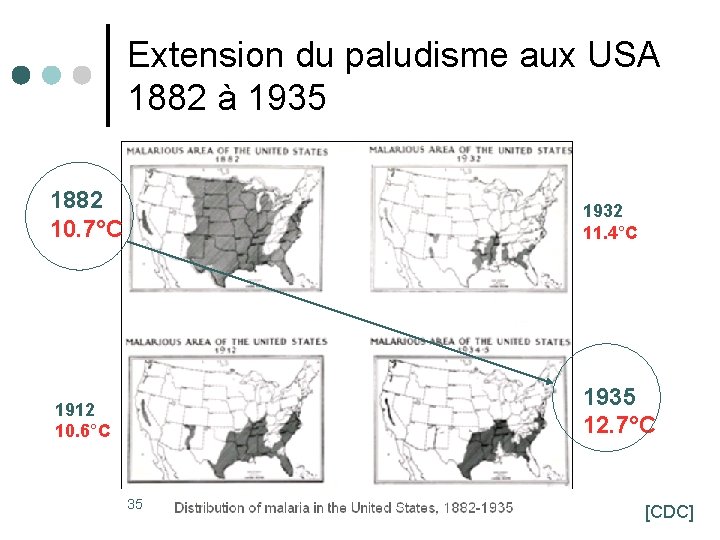 Extension du paludisme aux USA 1882 à 1935 1882 10. 7°C 1932 11. 4°C