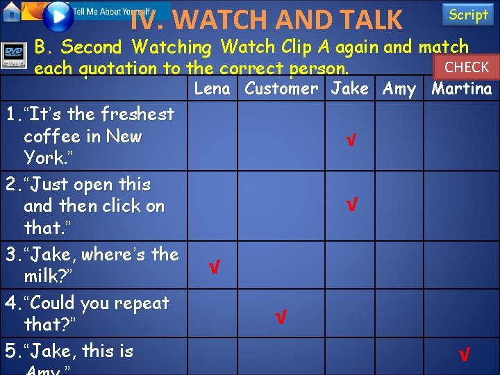 IV. WATCH AND TALK Script B. Second Watching Watch Clip A again and match