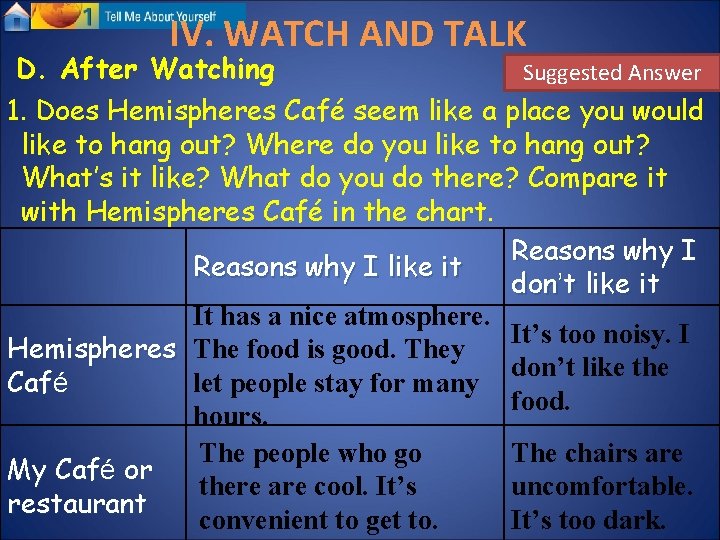 IV. WATCH AND TALK D. After Watching Suggested Answer 1. Does Hemispheres Café seem