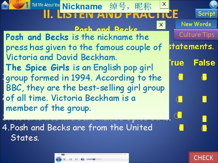 Nickname 绰号，昵称 X II. LISTEN AND PRACTICE X Script New Words Posh and Becks