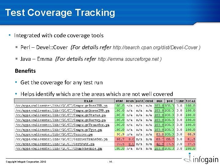 Test Coverage Tracking • Integrated with code coverage tools § Perl – Devel: :