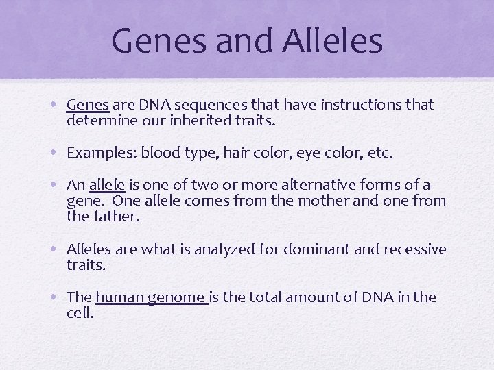 Genes and Alleles • Genes are DNA sequences that have instructions that determine our