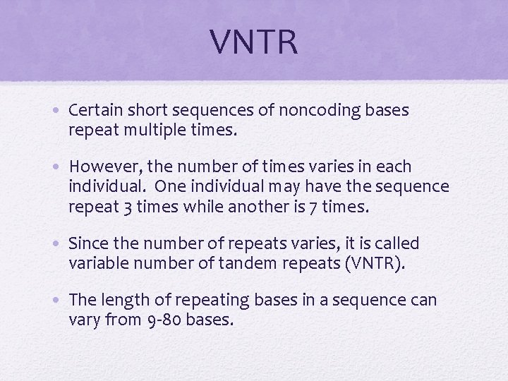 VNTR • Certain short sequences of noncoding bases repeat multiple times. • However, the