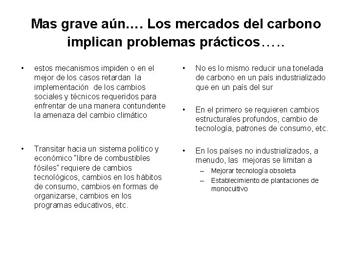 Mas grave aún…. Los mercados del carbono implican problemas prácticos…. . • • estos