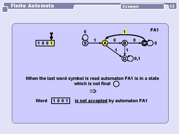 Finite Automata 0 1001 13 Example S FA 1 1 1 A 0 1