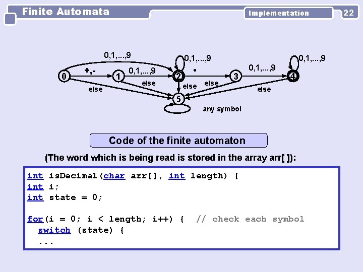 Finite Automata Implementation 0, 1, . . . , 9 0 +, else 1