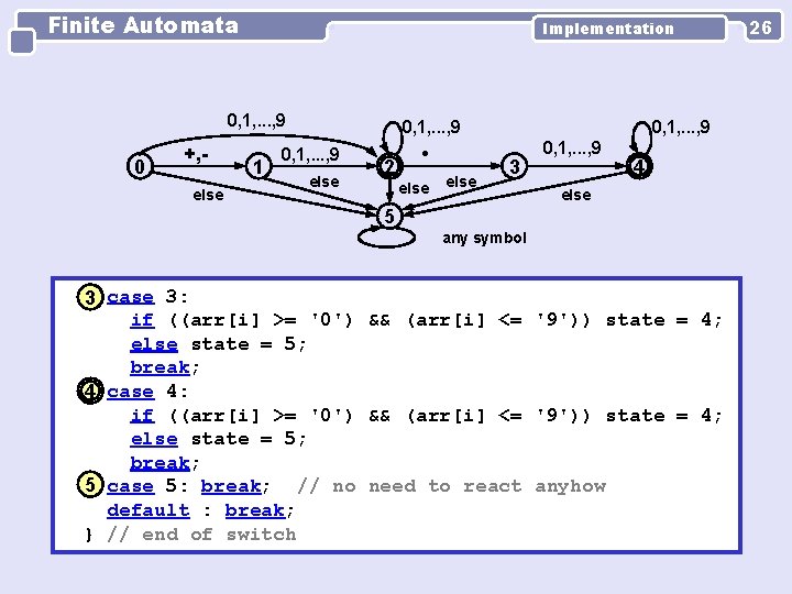 Finite Automata Implementation 0, 1, . . . , 9 0 +, else 1