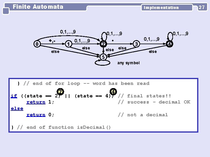 Finite Automata Implementation 0, 1, . . . , 9 0 +, else 1