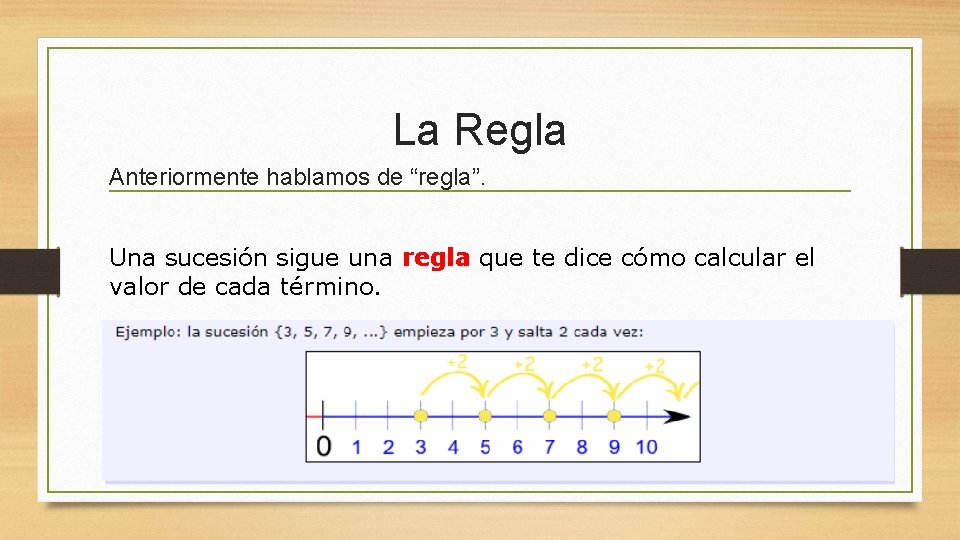 La Regla Anteriormente hablamos de “regla”. Una sucesión sigue una regla que te dice