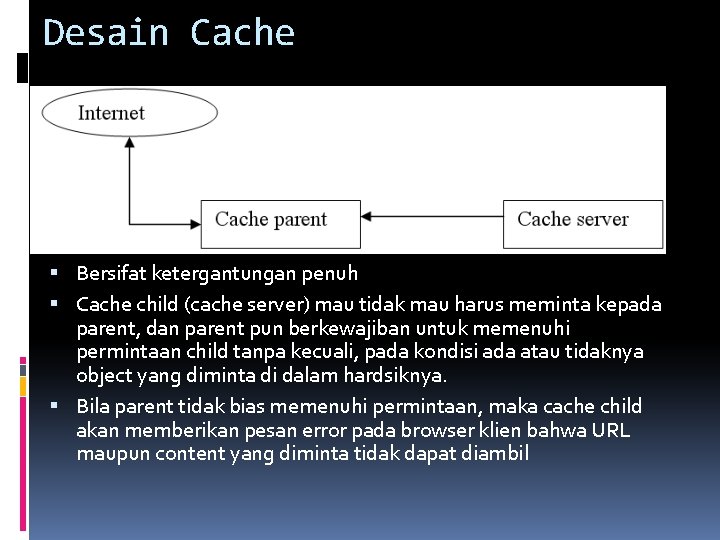 Desain Cache Bersifat ketergantungan penuh Cache child (cache server) mau tidak mau harus meminta