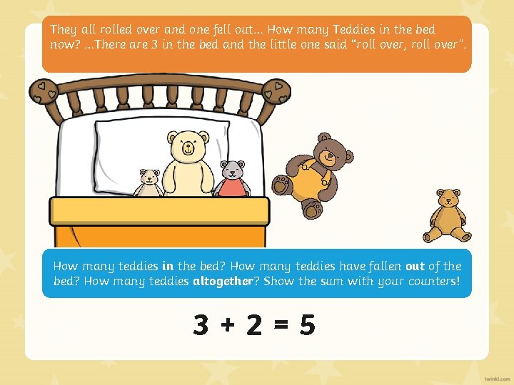 They all rolled over and one fell out… How many Teddies in the bed
