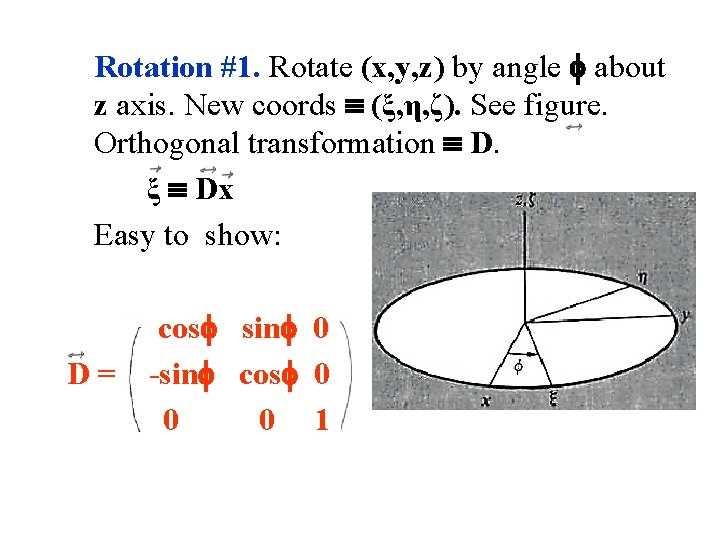 Rotation #1. Rotate (x, y, z) by angle about z axis. New coords (ξ,