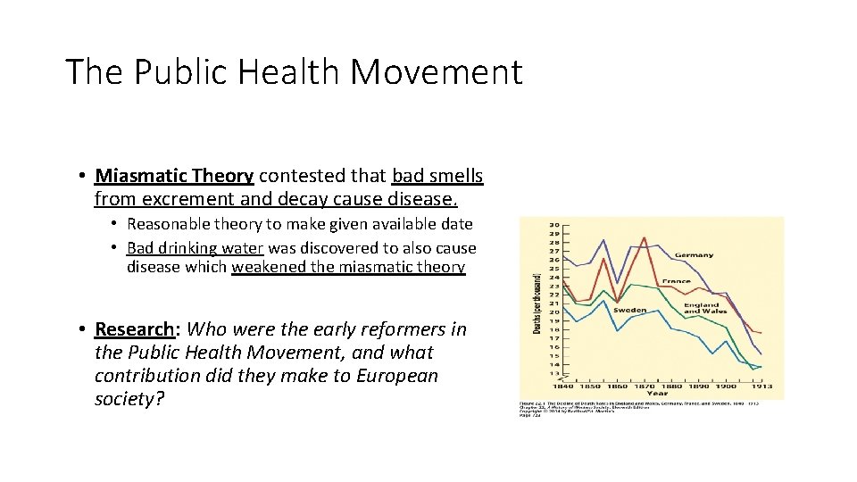 The Public Health Movement • Miasmatic Theory contested that bad smells from excrement and