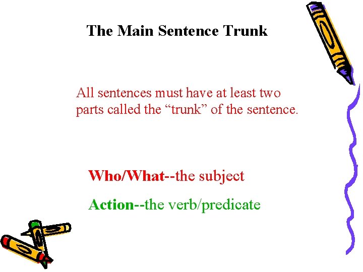 The Main Sentence Trunk All sentences must have at least two parts called the