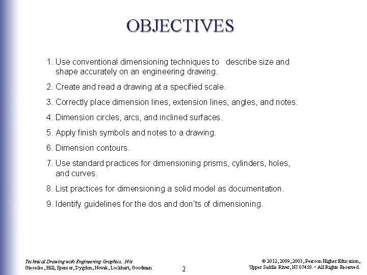 OBJECTIVES 1. Use conventional dimensioning techniques to describe size and shape accurately on an