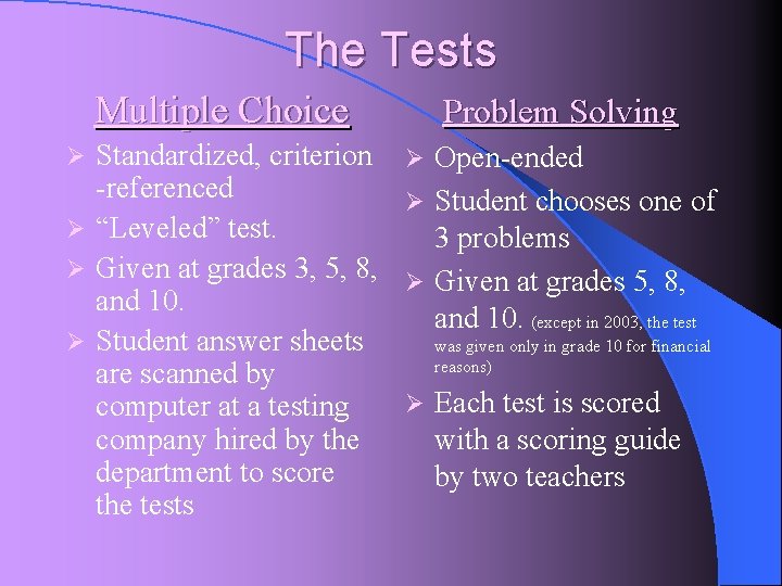 The Tests Multiple Choice Standardized, criterion -referenced Ø “Leveled” test. Ø Given at grades