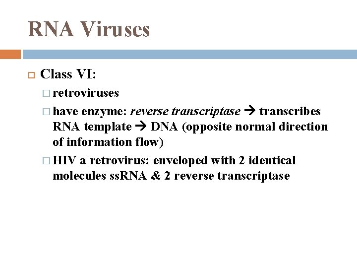 RNA Viruses Class VI: � retroviruses enzyme: reverse transcriptase transcribes RNA template DNA (opposite