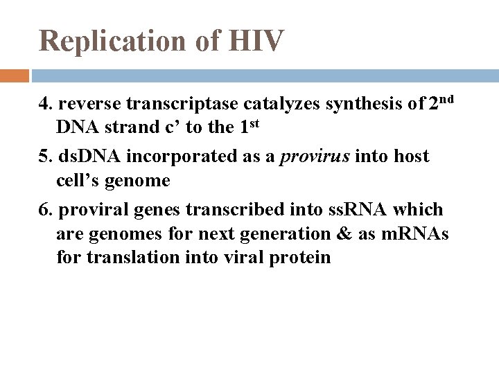 Replication of HIV 4. reverse transcriptase catalyzes synthesis of 2 nd DNA strand c’