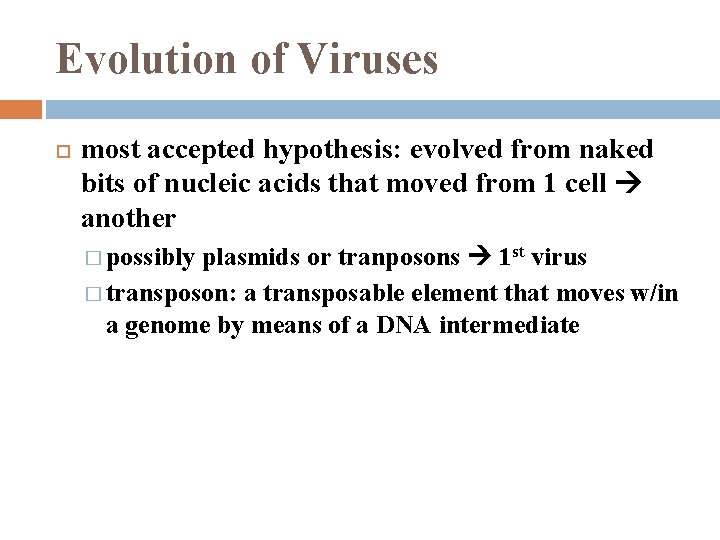 Evolution of Viruses most accepted hypothesis: evolved from naked bits of nucleic acids that