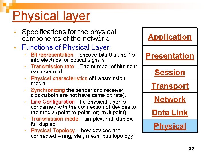 Physical layer • • Specifications for the physical components of the network. Functions of