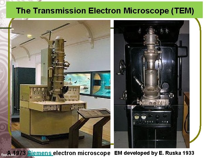 The Transmission Electron Microscope (TEM) A 1973 Siemens electron microscope EM developed by E.