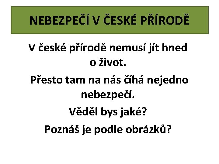 NEBEZPEČÍ V ČESKÉ PŘÍRODĚ V české přírodě nemusí jít hned o život. Přesto tam