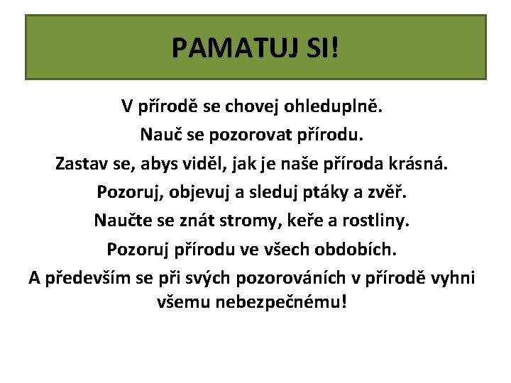 PAMATUJ SI! V přírodě se chovej ohleduplně. Nauč se pozorovat přírodu. Zastav se, abys