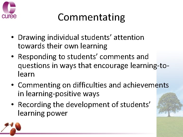 Commentating • Drawing individual students’ attention towards their own learning • Responding to students’