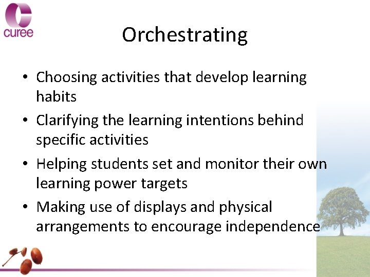 Orchestrating • Choosing activities that develop learning habits • Clarifying the learning intentions behind