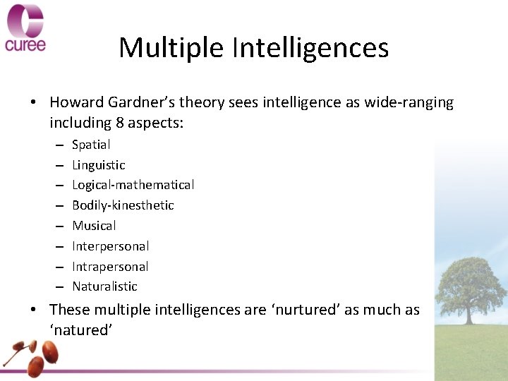 Multiple Intelligences • Howard Gardner’s theory sees intelligence as wide-ranging including 8 aspects: –