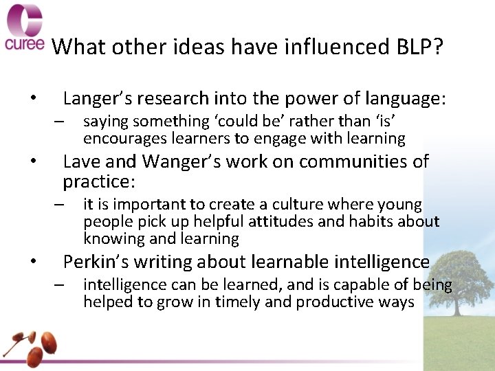 What other ideas have influenced BLP? • Langer’s research into the power of language: